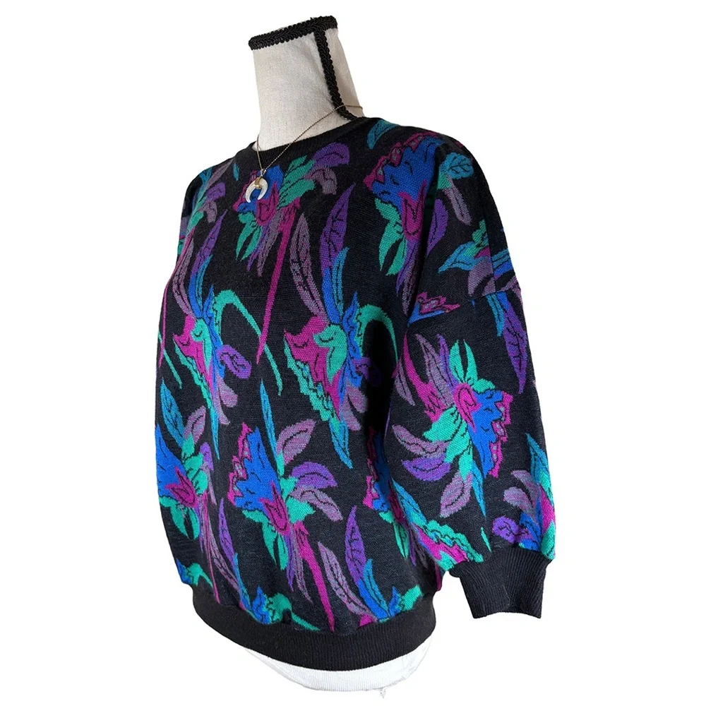 Vintage 80s Memphis Jazz Knit Sweater | Abstract Floral Neon Print | Made in USA